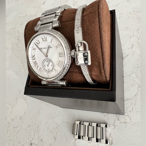 Michael Kors Silver Watch w/ CZ Around Face w/ Kors Lock CZ Silver Bangle - Picture 3 of 3